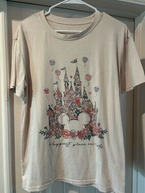 Womens Disney TShirt Floral Castle Graphic Tee - Cream Happiest Place on Earth